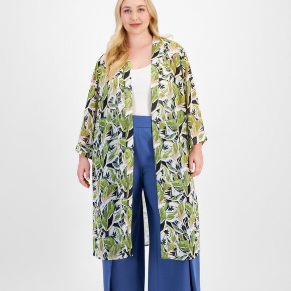 Anne Klein Plus Size Printed Open-Front Duster Jacket - Black/Bay Leaf 1X NWT - Picture 1 of 4